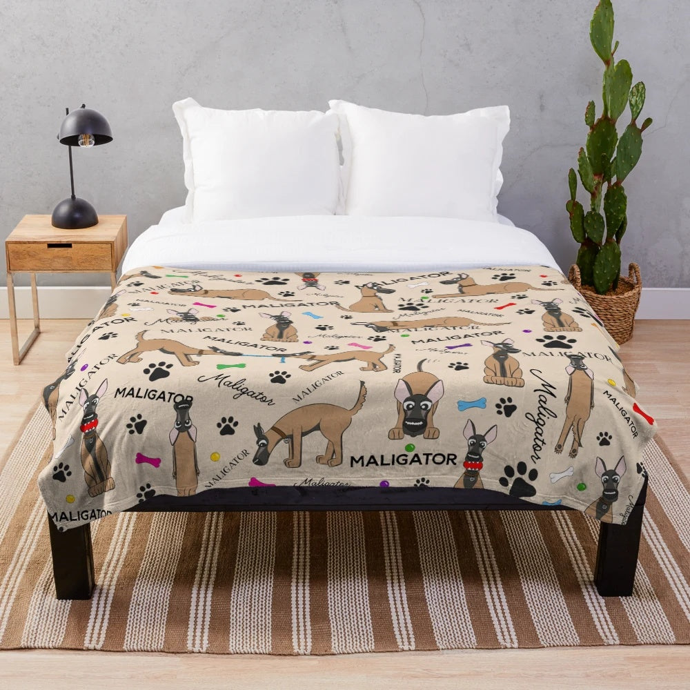 Soft and snuggly plush blanket featuring an adorable maligator or Belgian shepherd dog breed