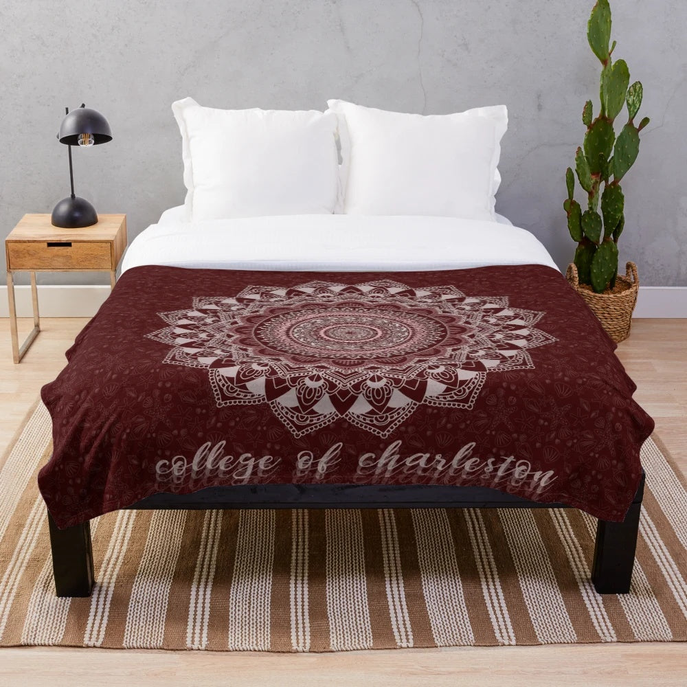 Maroon and white mandala design plush blanket for college students