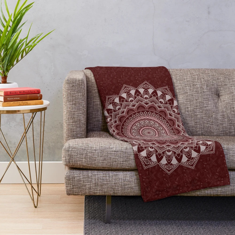 Maroon and white mandala design plush blanket for college students