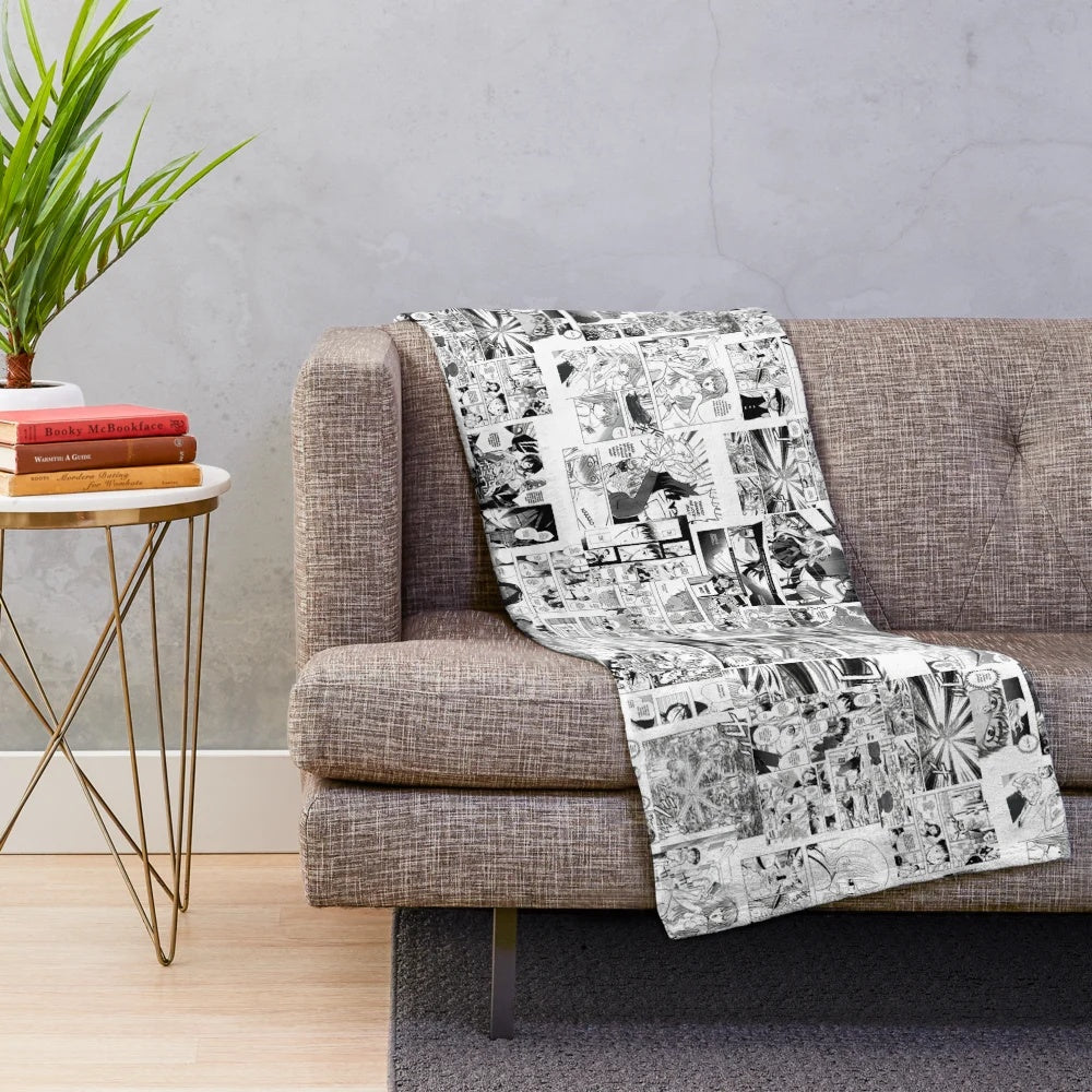 Cozy manga panels collage plush blanket featuring popular anime characters and black and white designs