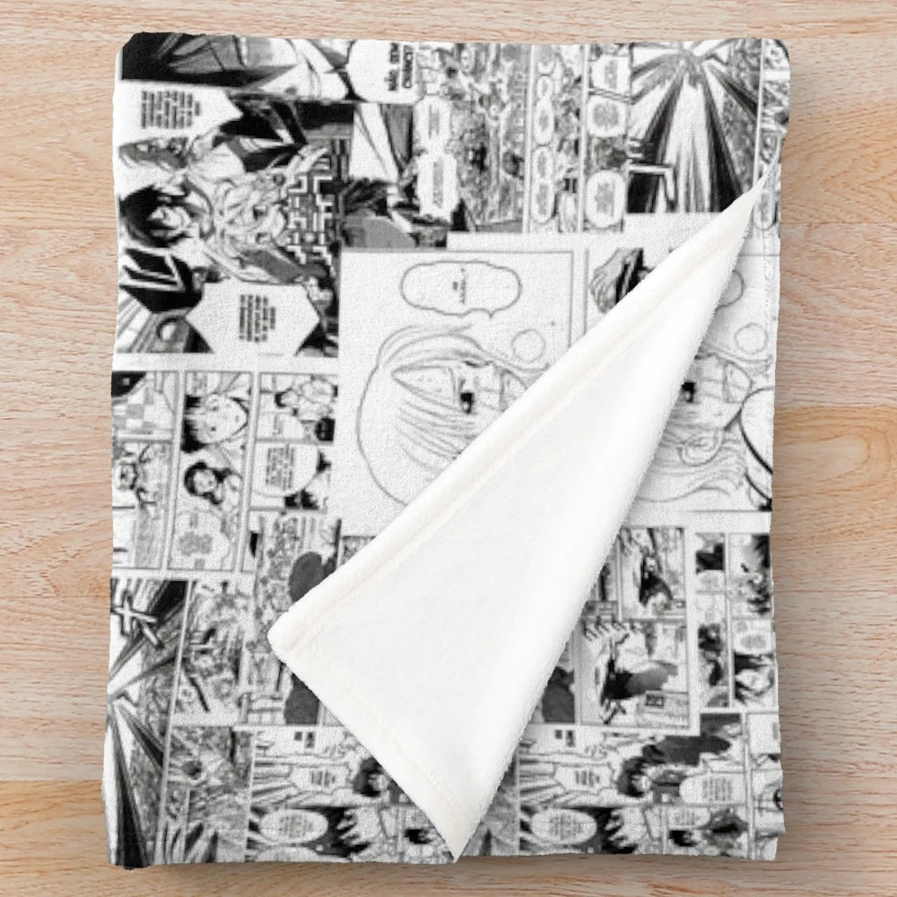 Cozy manga panels collage plush blanket featuring popular anime characters and black and white designs