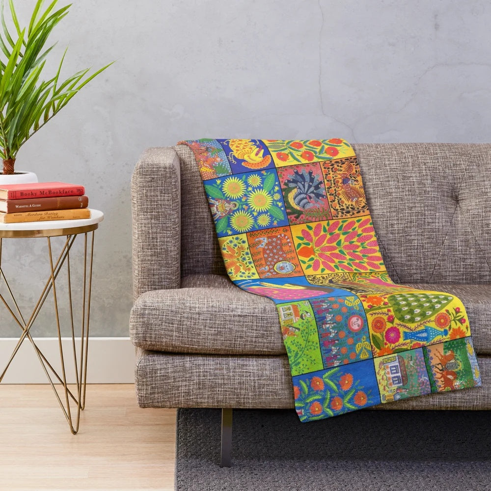 Maria Pryimachenko inspired plush blanket featuring Ukrainian folk art patterns