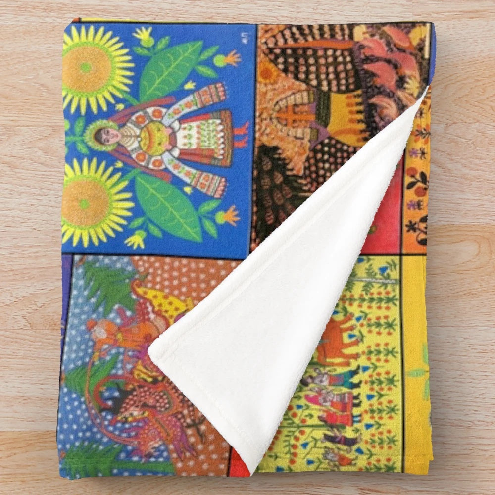 Maria Pryimachenko inspired plush blanket featuring Ukrainian folk art patterns