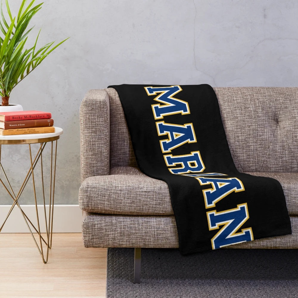 Marian University-inspired plush blanket in blue and gold