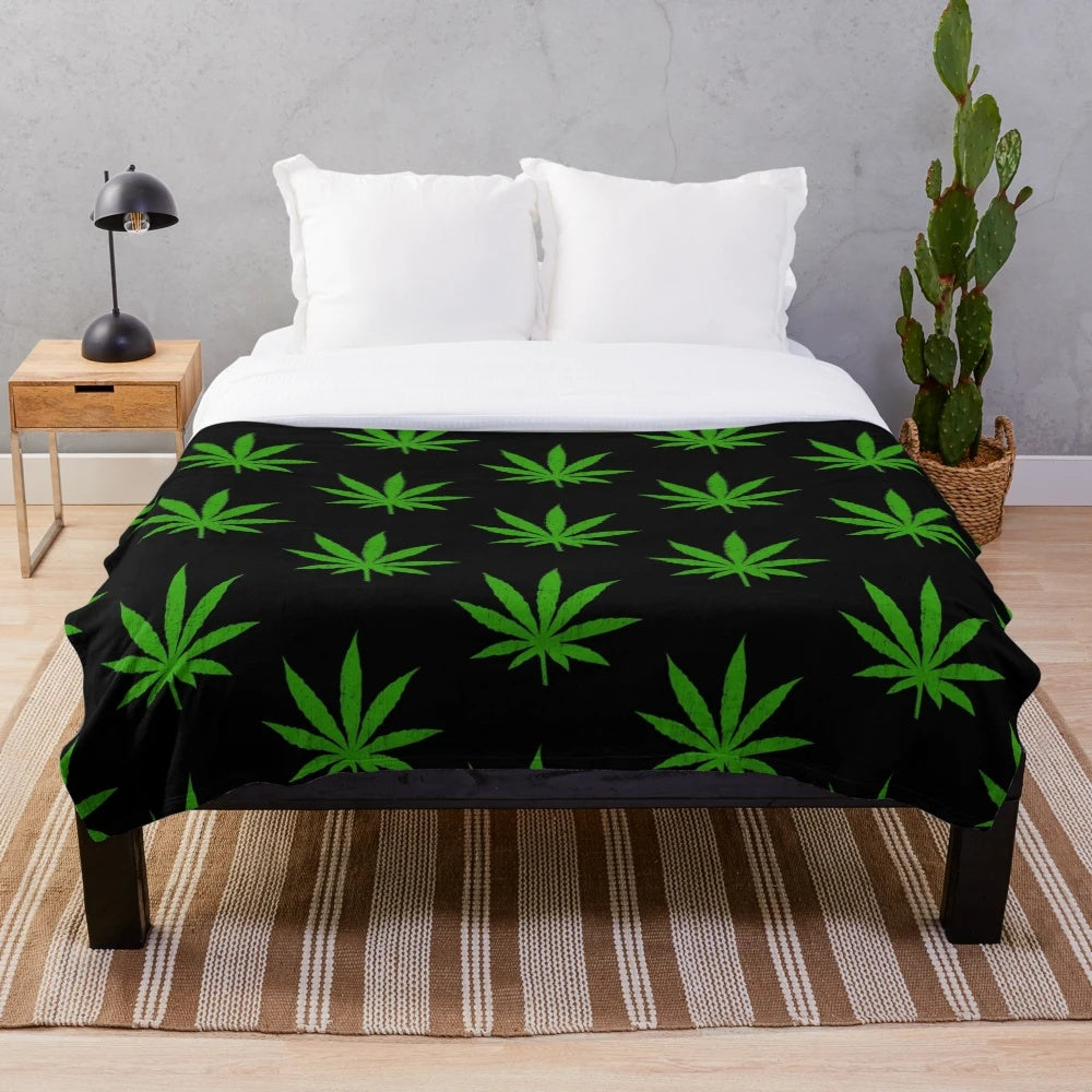 Soft and comfortable plush blanket with marijuana leaf design