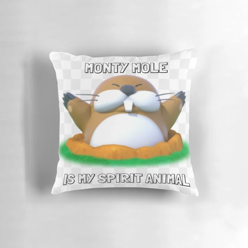 Soft, cuddly plush pillow featuring an illustration of the Mario character Monty Mole, the ideal home accent for Mario fans.