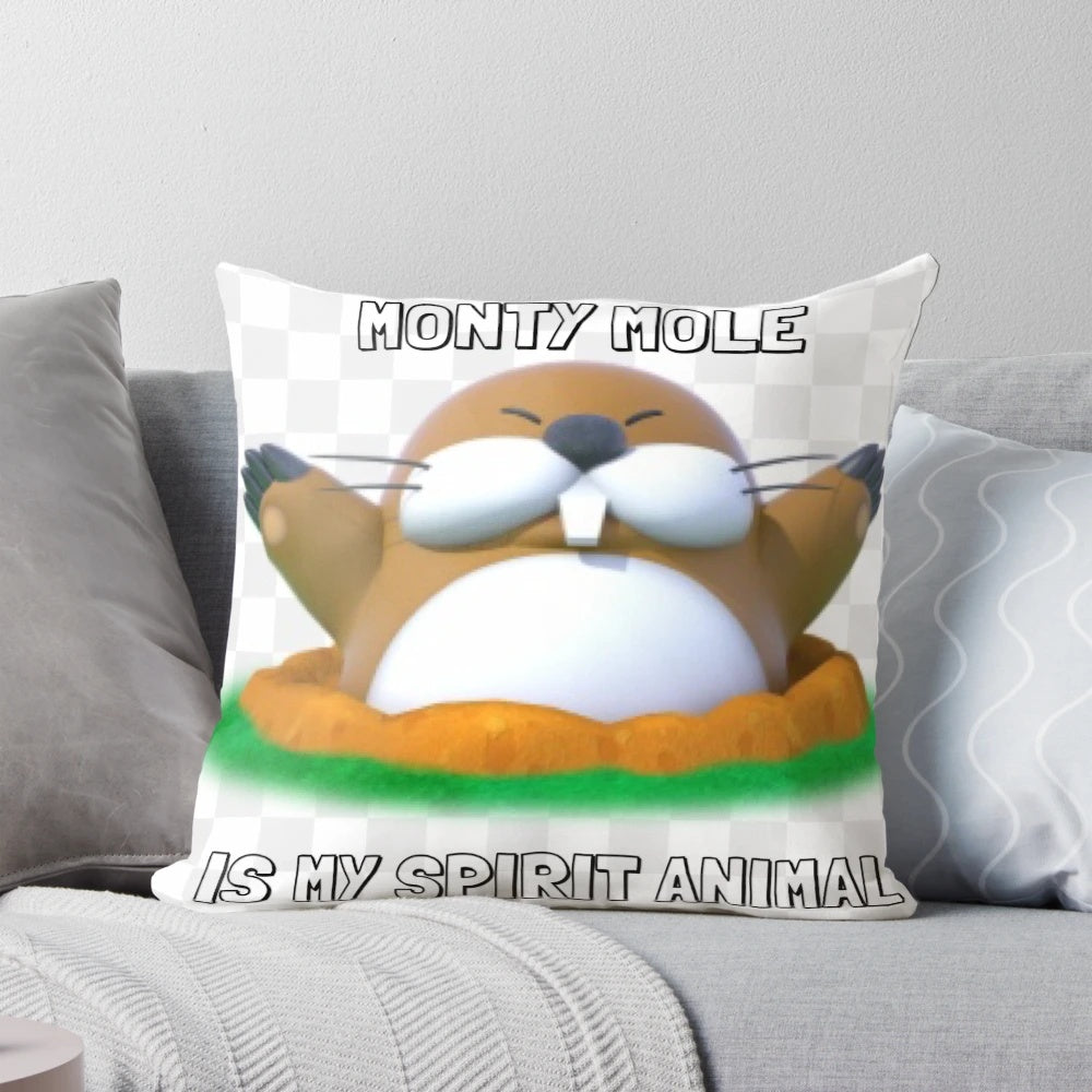 Soft, cuddly plush pillow featuring an illustration of the Mario character Monty Mole, the ideal home accent for Mario fans.