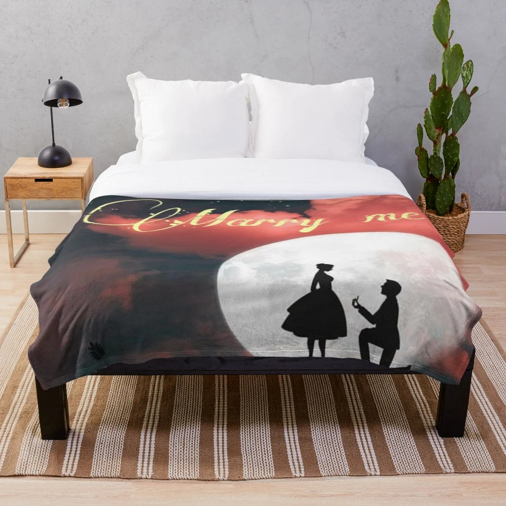Soft, pink and black plush blanket with "Marry Me" design