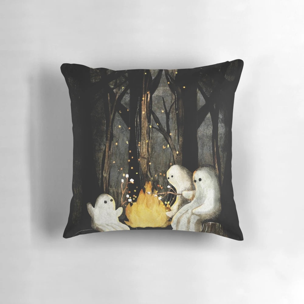 Soft and plush pillow featuring a design of marshmallows and ghost stories, perfect for camping and outdoor adventures.