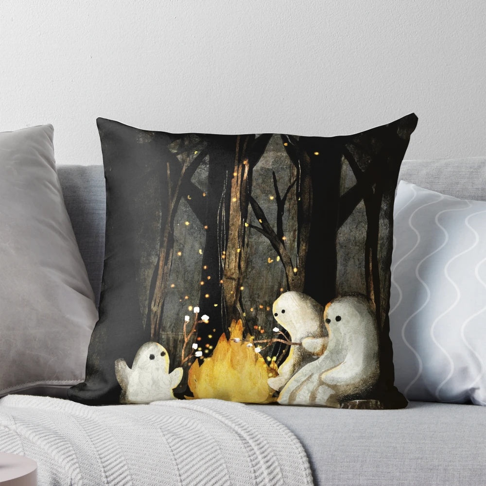 Soft and plush pillow featuring a design of marshmallows and ghost stories, perfect for camping and outdoor adventures.