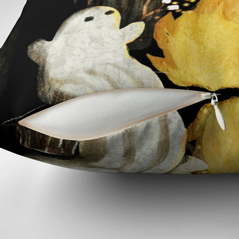 Soft and plush pillow featuring a design of marshmallows and ghost stories, perfect for camping and outdoor adventures.