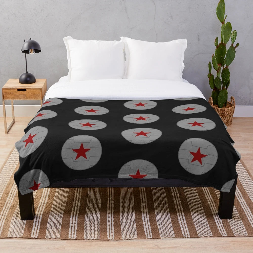 A cozy plush blanket featuring the Winter Soldier emblem from the Marvel Cinematic Universe