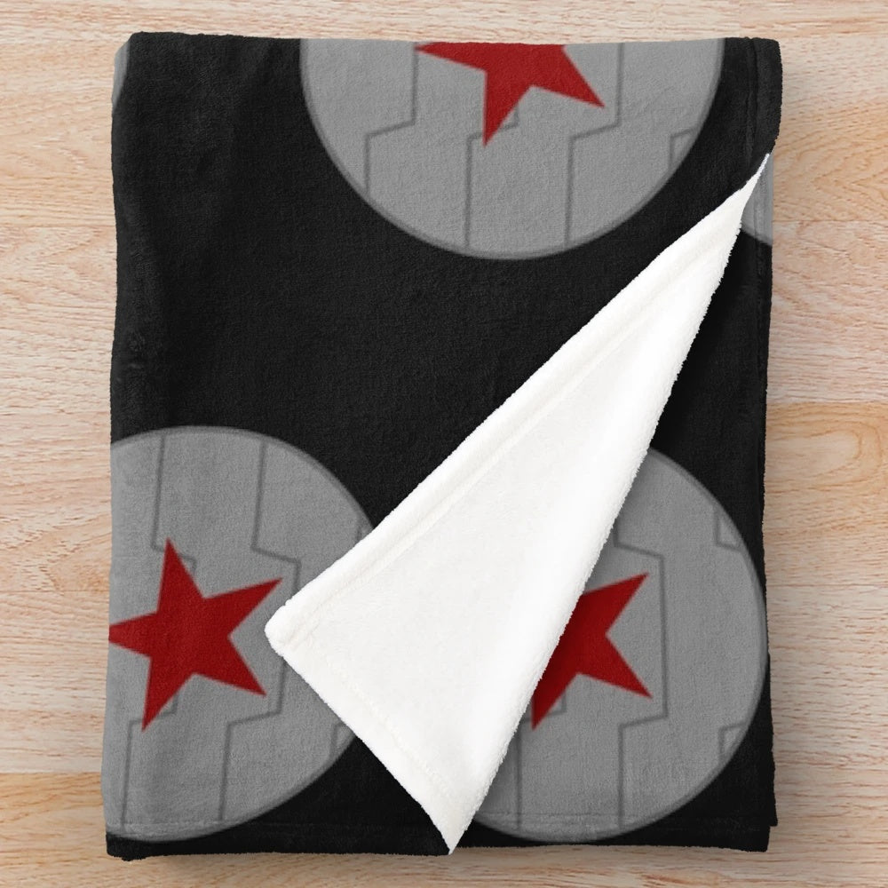 A cozy plush blanket featuring the Winter Soldier emblem from the Marvel Cinematic Universe