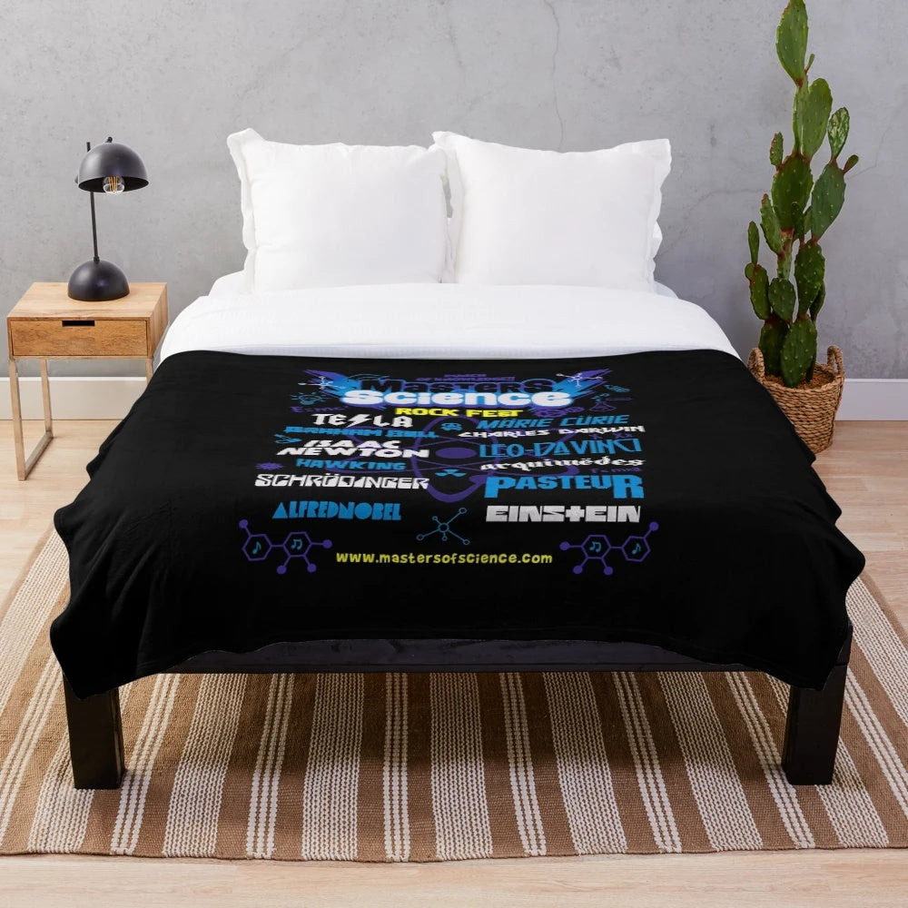 Masters of Science plush blanket with science, technology, and music inspired design