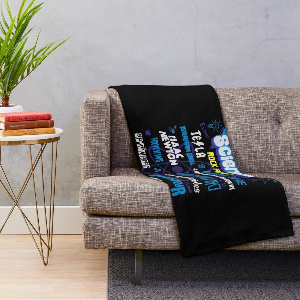 Masters of Science plush blanket with science, technology, and music inspired design