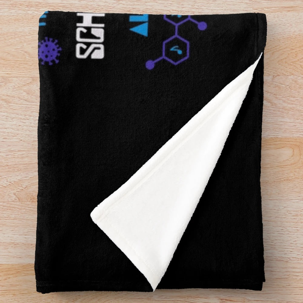 Masters of Science plush blanket with science, technology, and music inspired design
