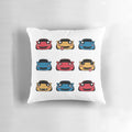 A decorative pillow featuring the many faces of the beloved Mazda Miata/MX5 sports car
