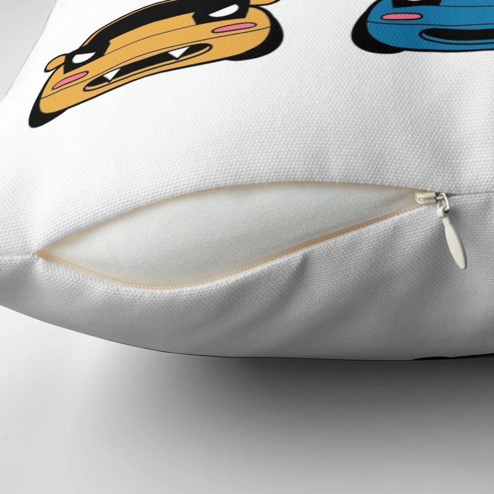 A decorative pillow featuring the many faces of the beloved Mazda Miata/MX5 sports car