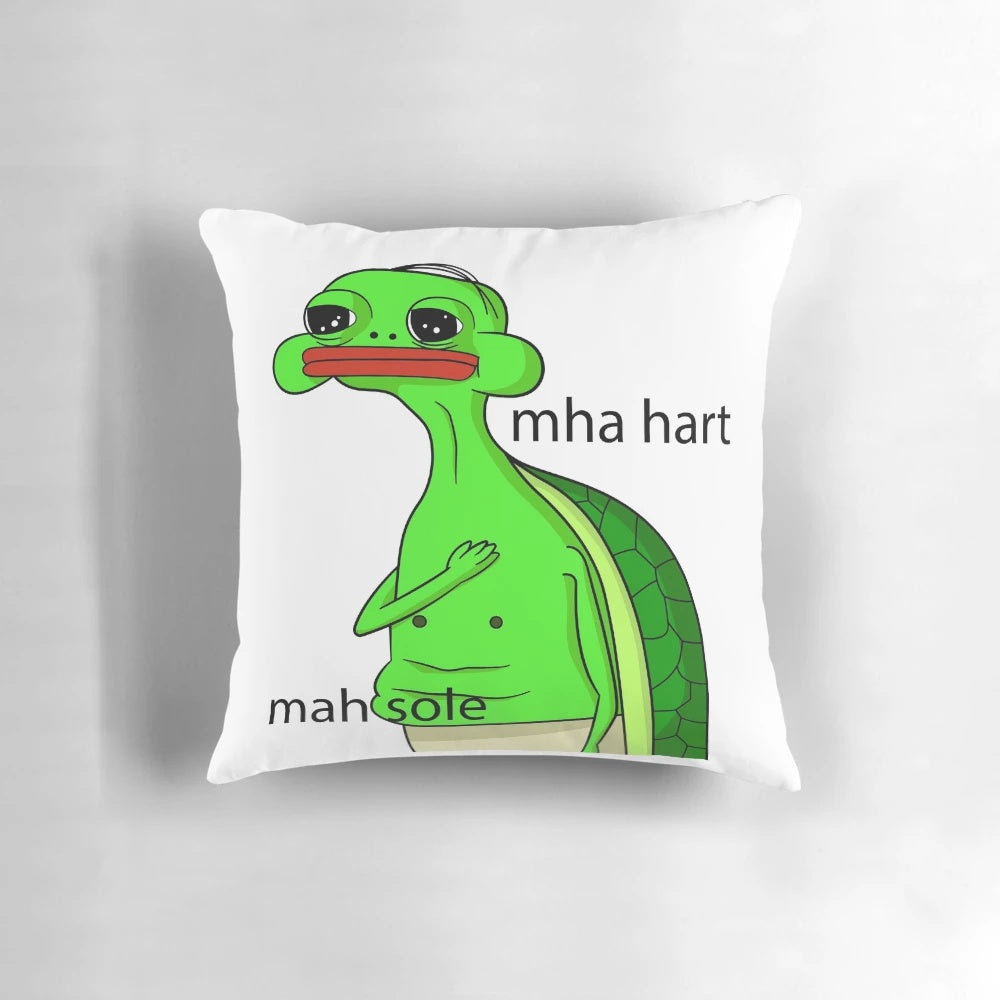 Soft, plush pillow featuring a fun meme design with a frog and heart