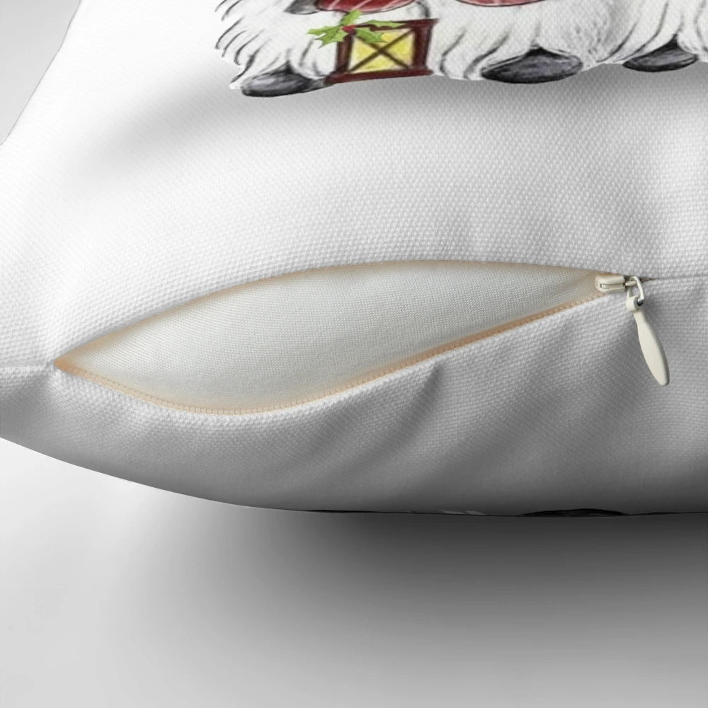 A plush, festive pillow featuring cute cartoon Christmas gnomes in a whimsical design.