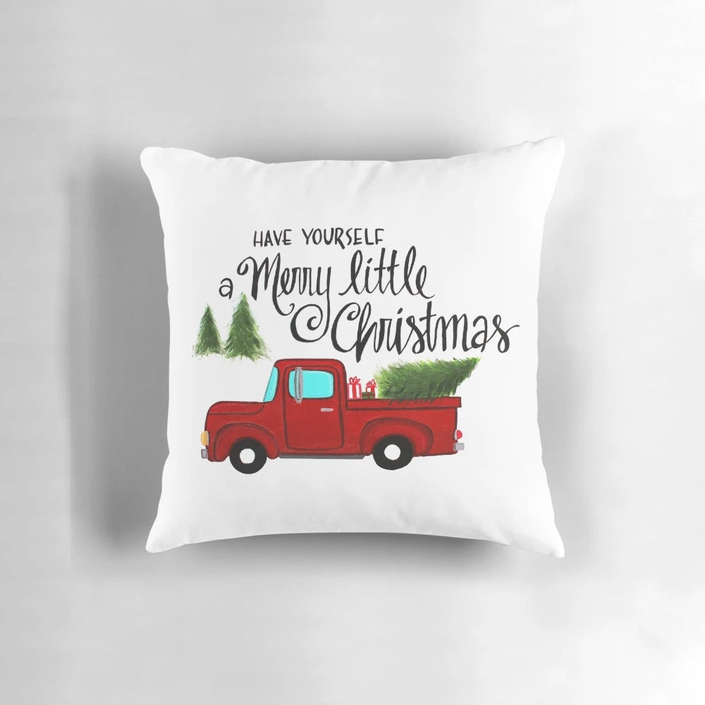 Festive Merry Little Christmas Pillow with Red Truck and Christmas Tree