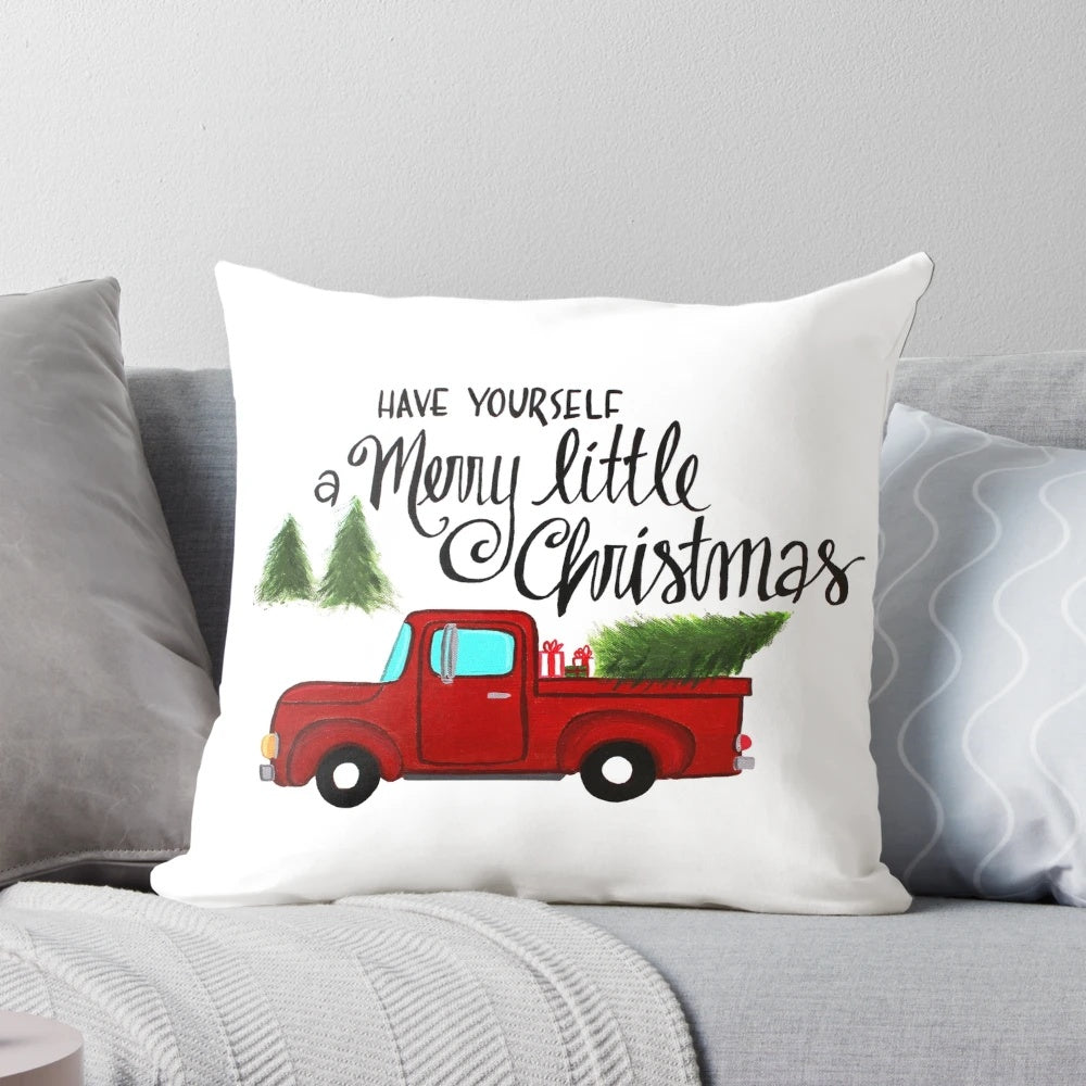 Festive Merry Little Christmas Pillow with Red Truck and Christmas Tree