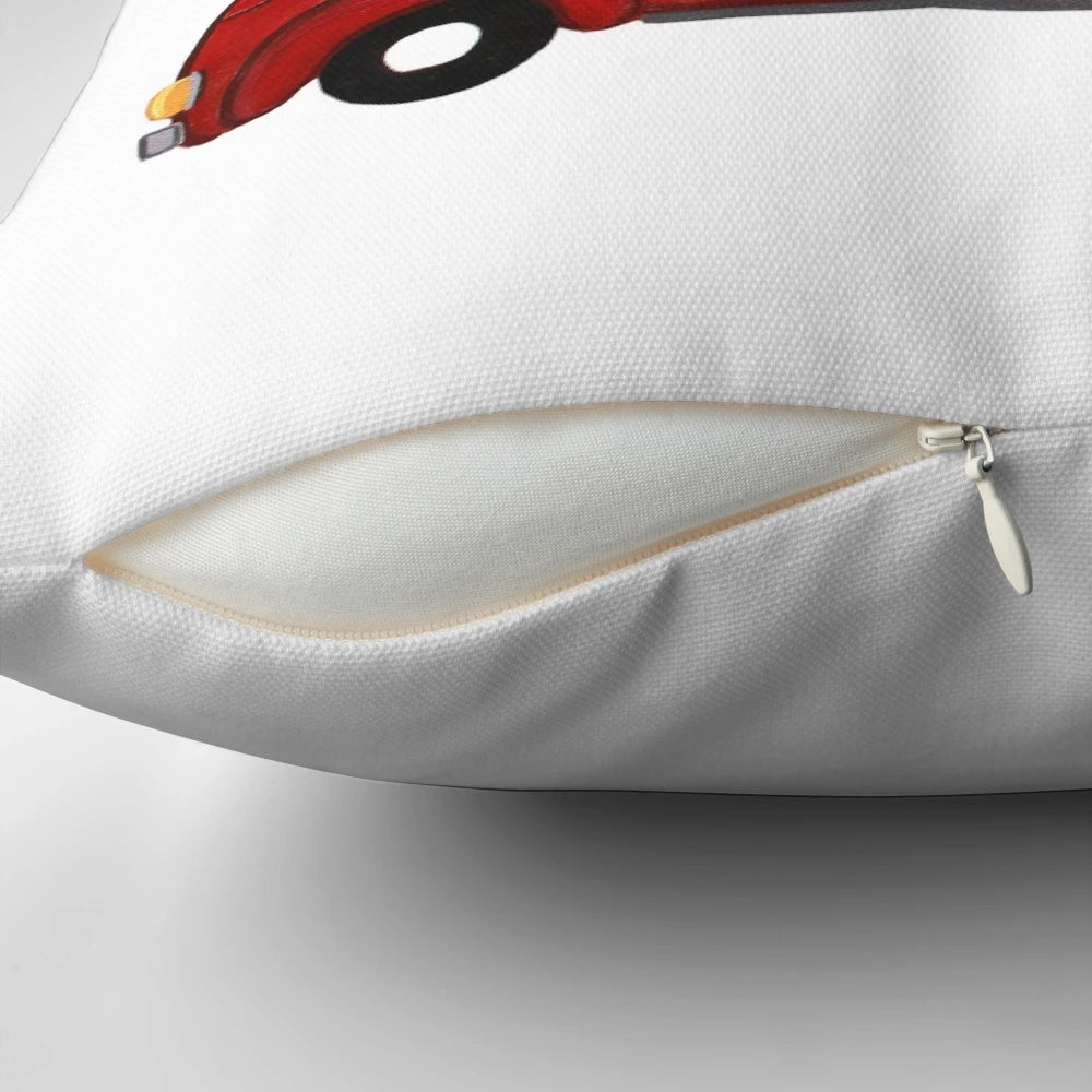 Festive Merry Little Christmas Pillow with Red Truck and Christmas Tree