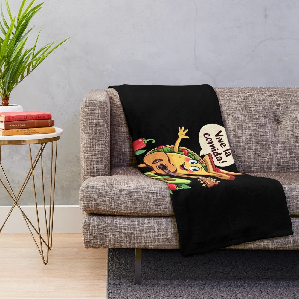 Taco fiesta plush blanket with guitar and Mexican cultural elements