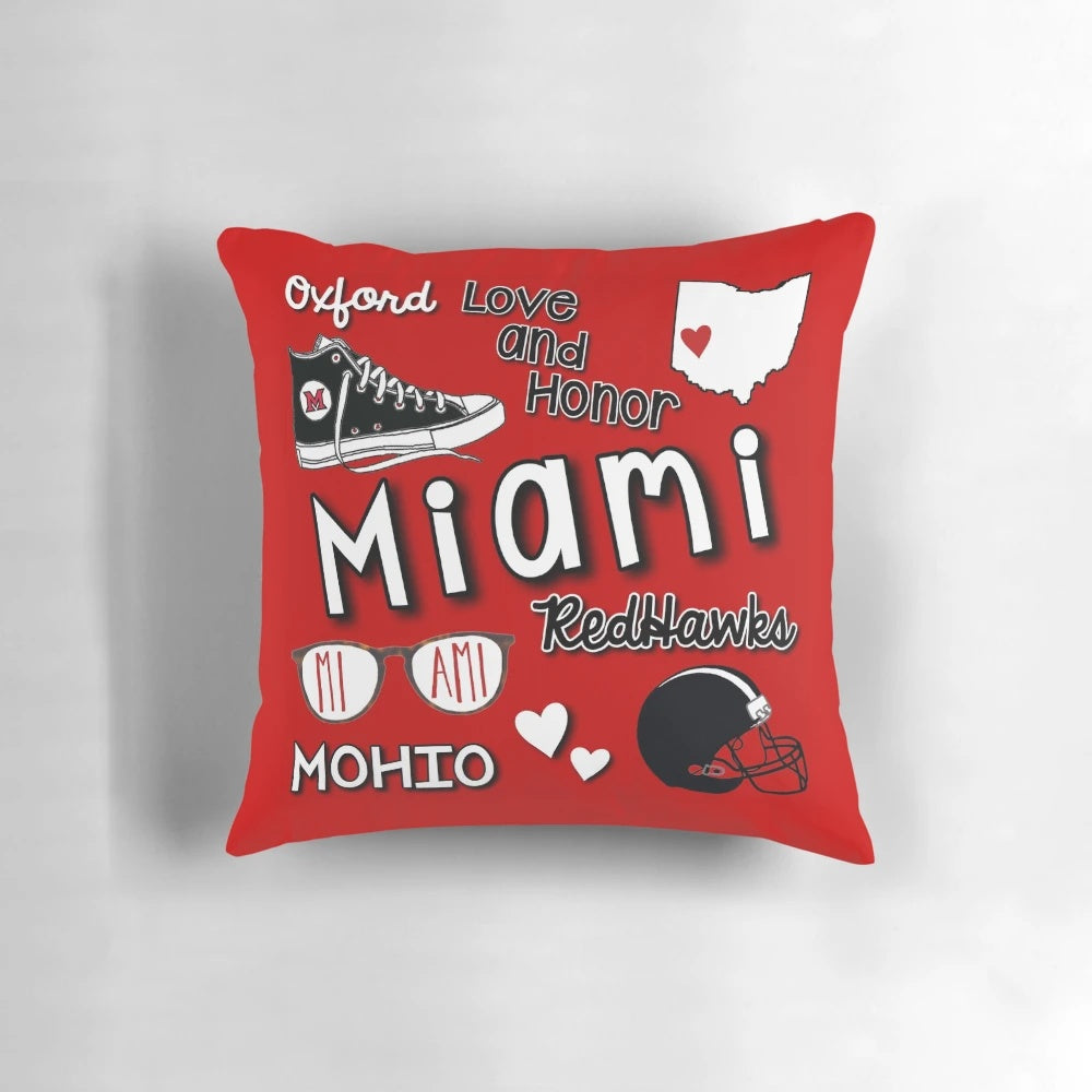 Miami University of Ohio Redhawks logo on a soft, plush pillow
