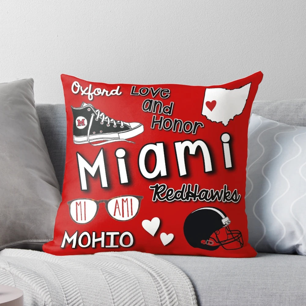 Miami University of Ohio Redhawks logo on a soft, plush pillow