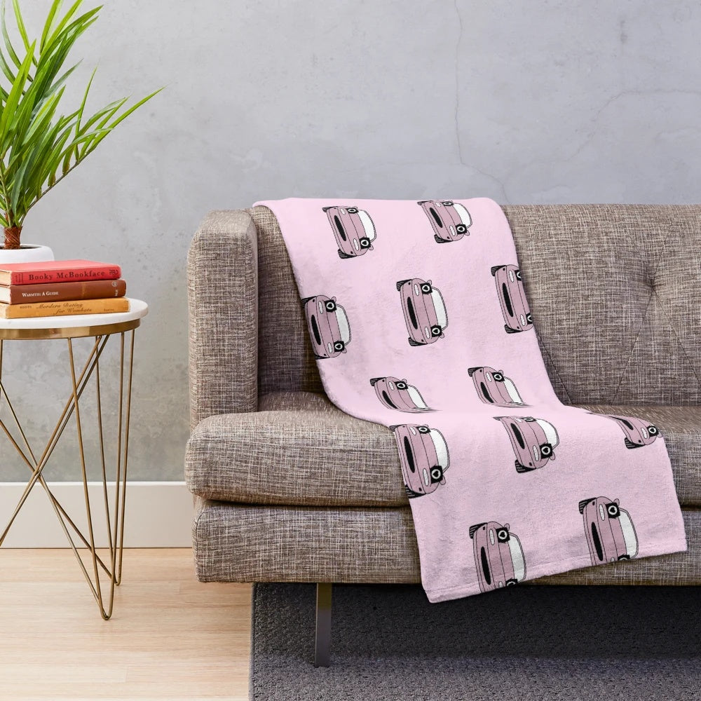 Soft pink plush blanket with Miata car design