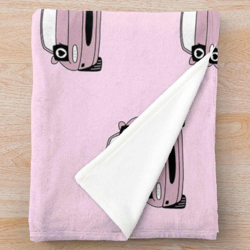 Soft pink plush blanket with Miata car design