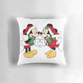 A soft, plush pillow featuring the iconic Disney characters Mickey Mouse and Mini Mouse dressed in Santa outfits.