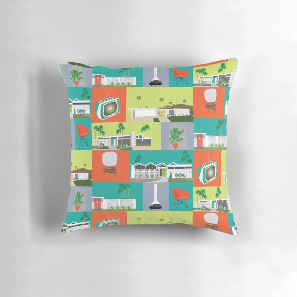 Mid-century modern inspired retro pillow with a color block design