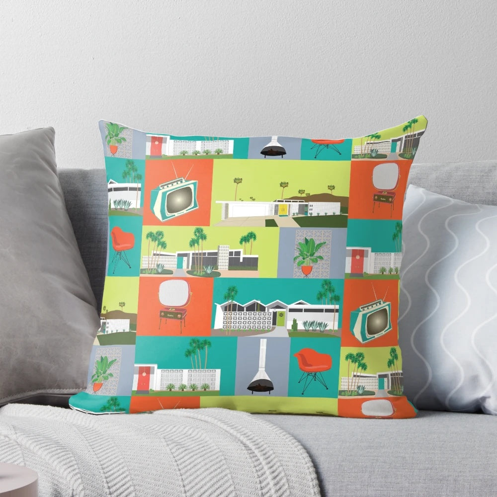 Mid-century modern inspired retro pillow with a color block design