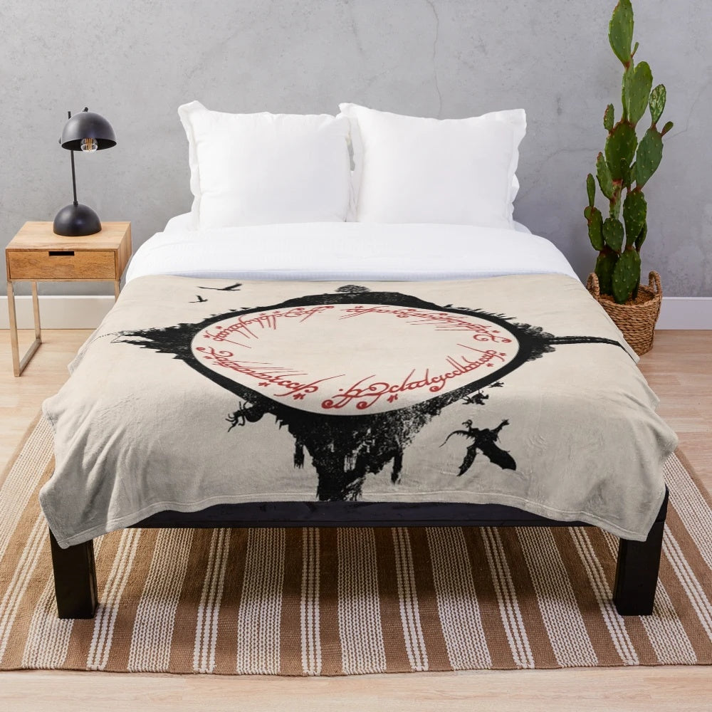 Lord of the Rings-inspired plush blanket featuring fantasy characters and elements