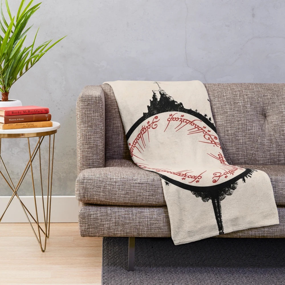 Lord of the Rings-inspired plush blanket featuring fantasy characters and elements