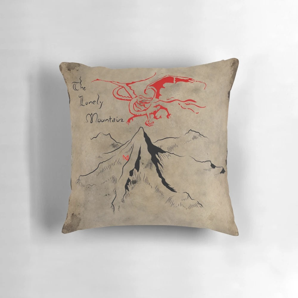 A plush, decorative pillow featuring the iconic Lonely Mountain from J.R.R. Tolkien's Middle-earth universe.