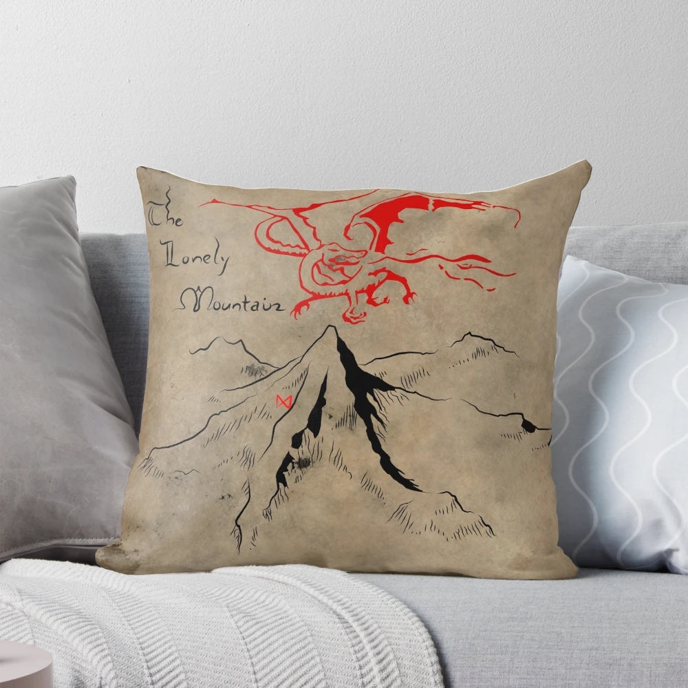 A plush, decorative pillow featuring the iconic Lonely Mountain from J.R.R. Tolkien's Middle-earth universe.