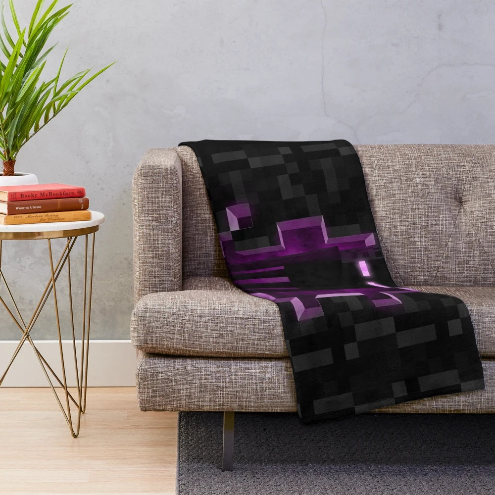 Minecraft-inspired plush blanket with enderman and enderdragon motifs