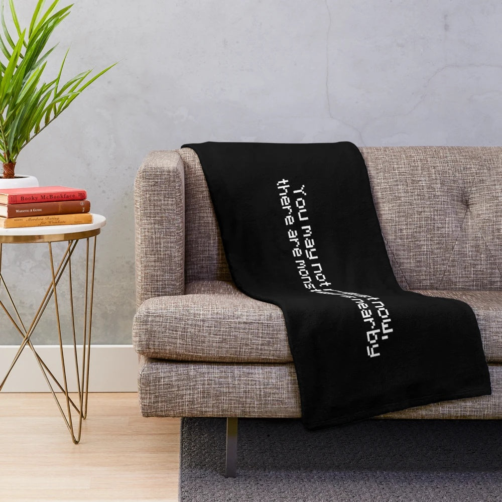 Minecraft-inspired plush blanket with a "You May Not Rest Now, There Are Monsters Nearby" design for gamers