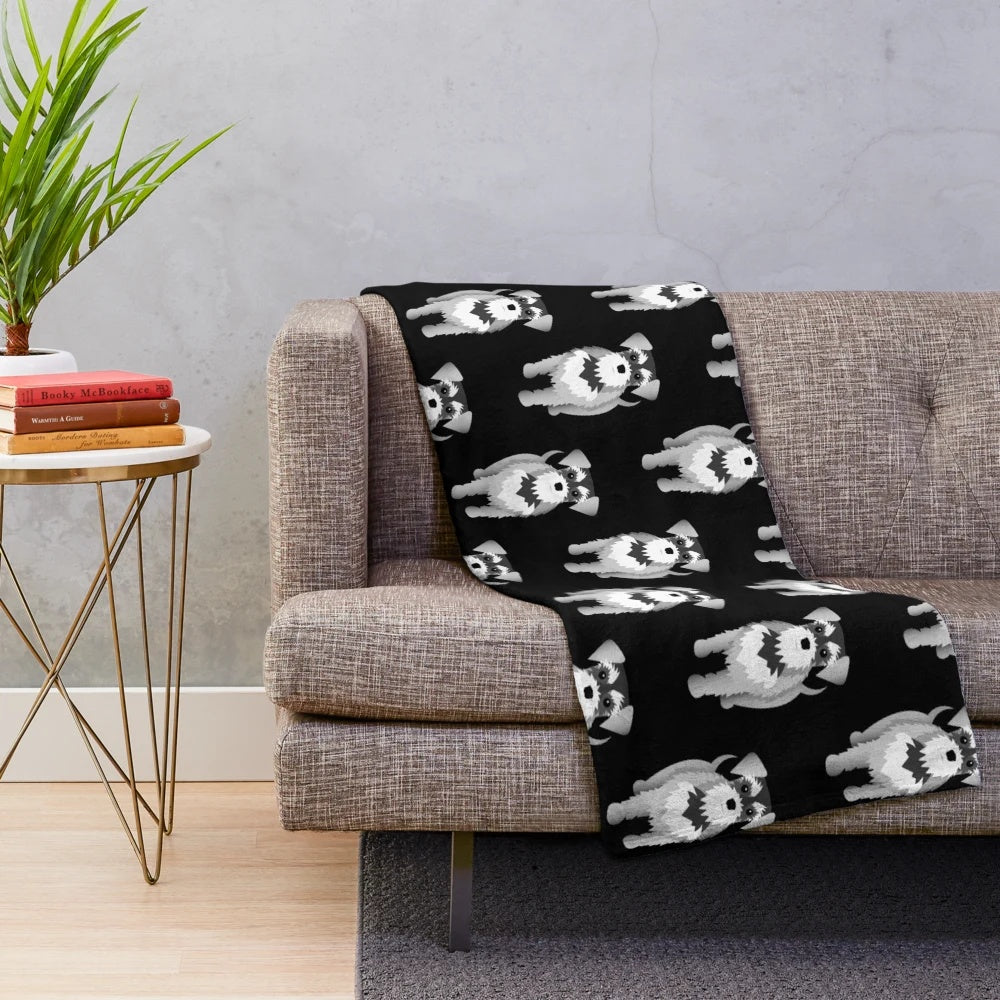 Soft gray plush blanket with cute miniature schnauzer dog print design