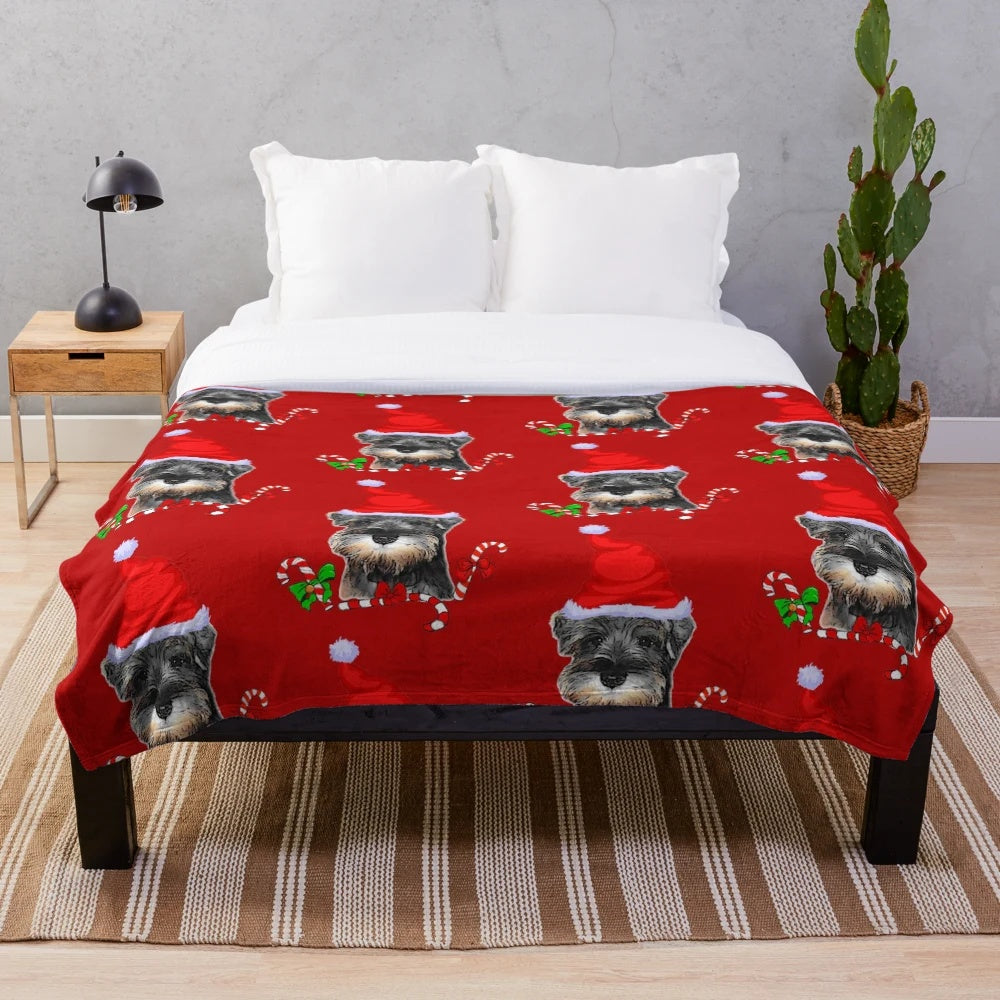 Miniature Schnauzer Plush Blanket with Christmas Decorations