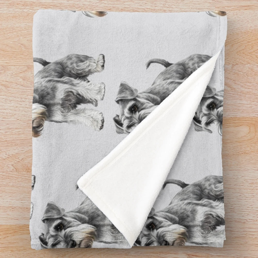 Soft, grey plush blanket featuring a cute miniature schnauzer dog breed