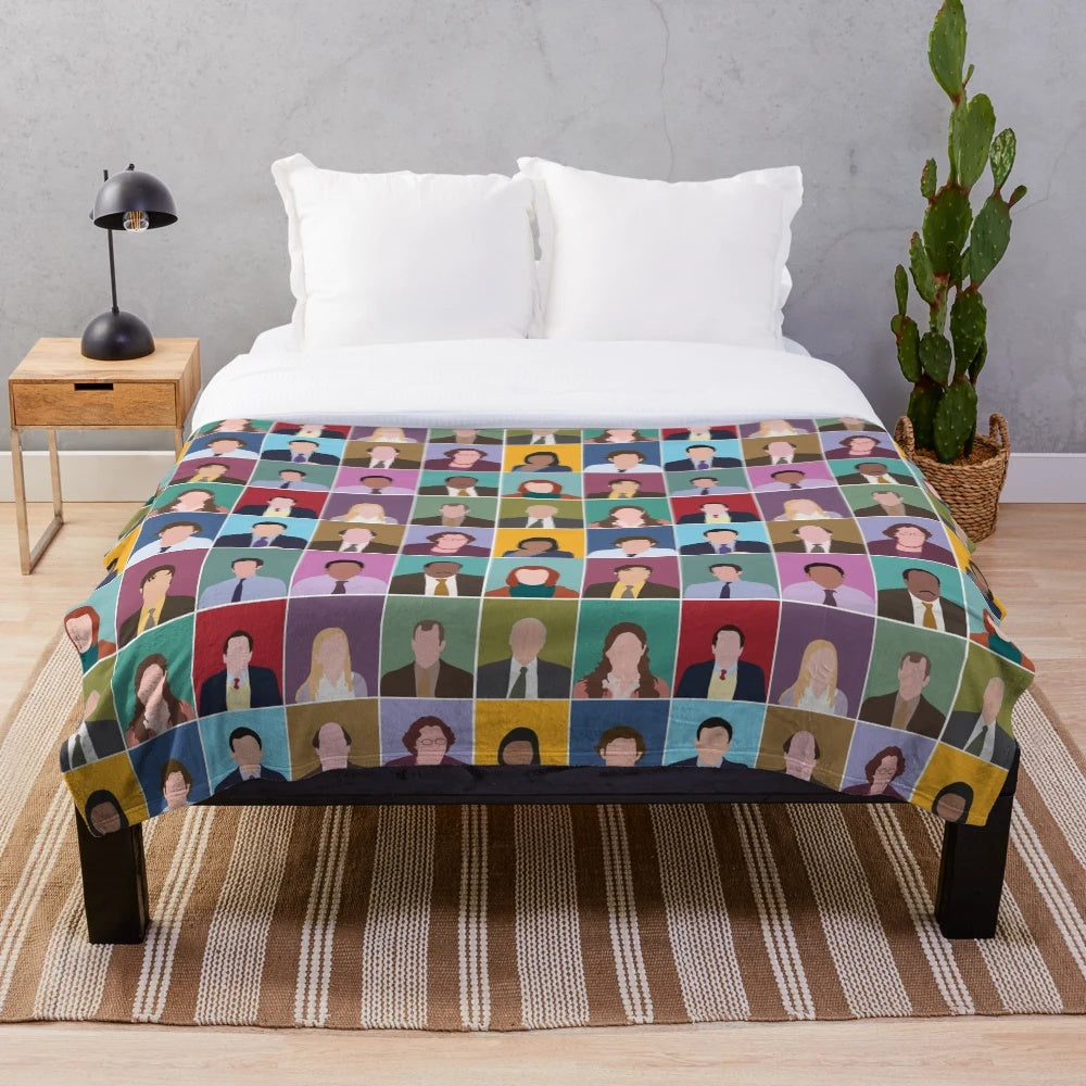 Colorful plush blanket featuring minimalist art inspired by the popular TV show The Office