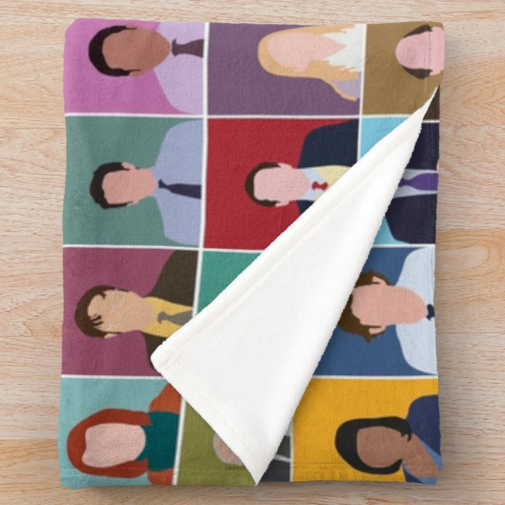 Colorful plush blanket featuring minimalist art inspired by the popular TV show The Office