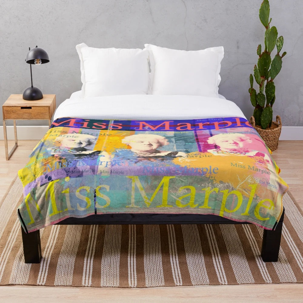 Soft plush blanket featuring a digital collage portrait of Miss Marple, the famous Agatha Christie detective character played by actress Margaret Rutherford