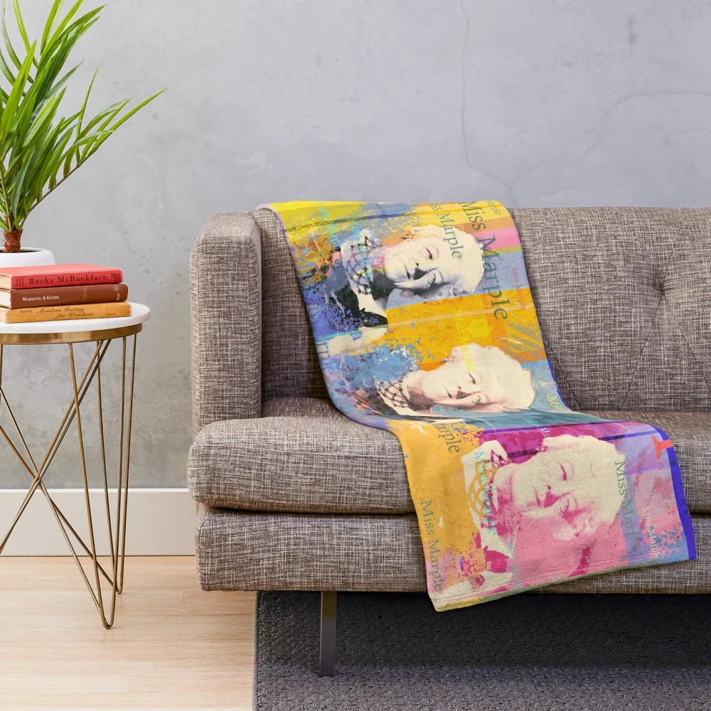 Soft plush blanket featuring a digital collage portrait of Miss Marple, the famous Agatha Christie detective character played by actress Margaret Rutherford