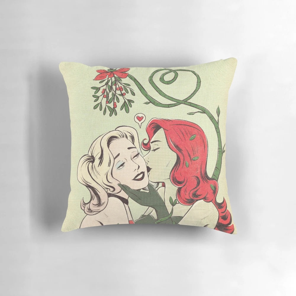 Soft, plush mistletoe kiss pillow with festive holiday design