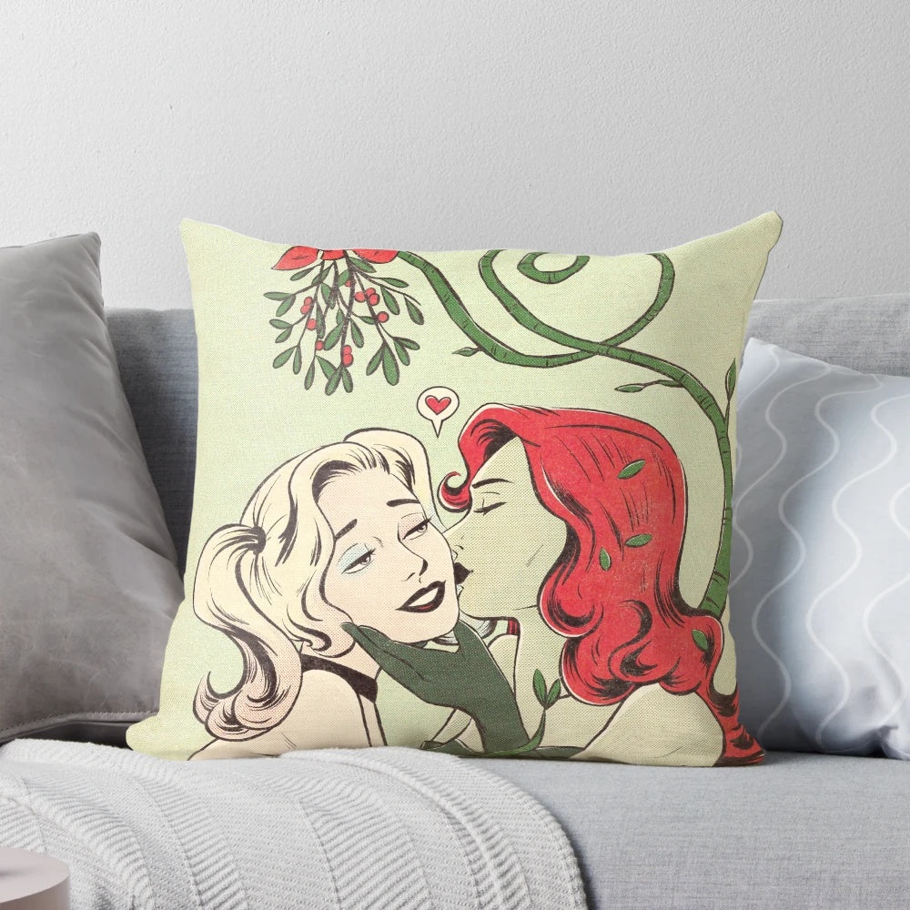 Soft, plush mistletoe kiss pillow with festive holiday design